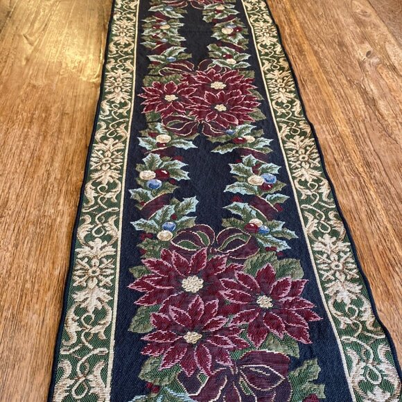 Vintage Tapestry Style Table Runner w/Burgundy Poinsettias & Holly Berri… - Picture 1 of 13